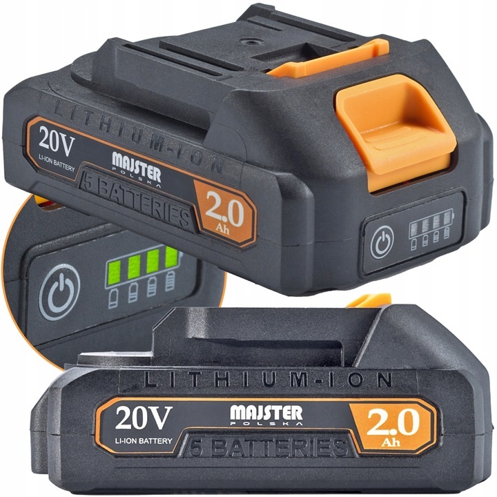 Dwa akumulatory litowo-jonowe o pojemnościach 4.0 Ah i 2.0 Ah i napięciu 20 V. Akumulatory w kolorze czarnym z pomarańczowymi akcentami z wskaźnikami naładowania.